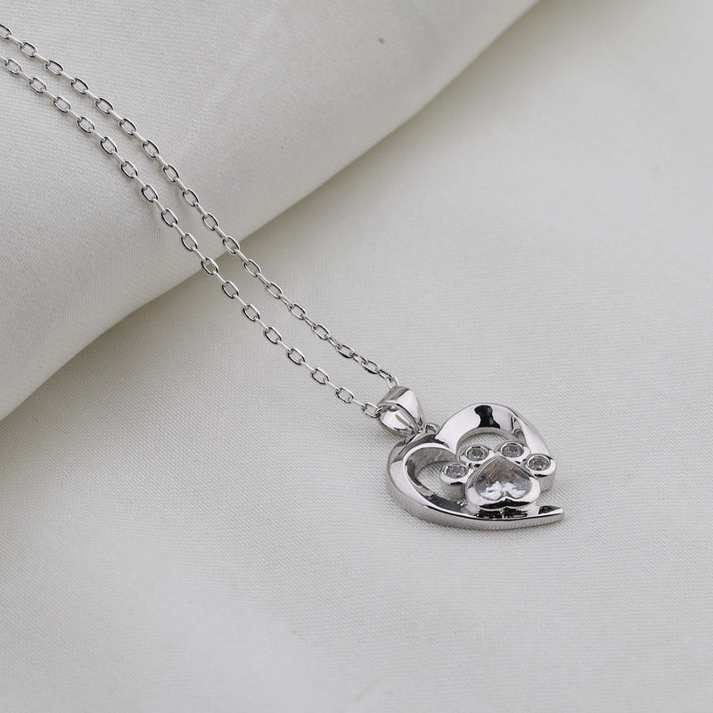 BEKECH Pet Lover Gifts Paw Print Necklace Cubic Zirconia Puppy Dog Cat Pet Paw Print Love Heart Pendant Necklace for Women silver