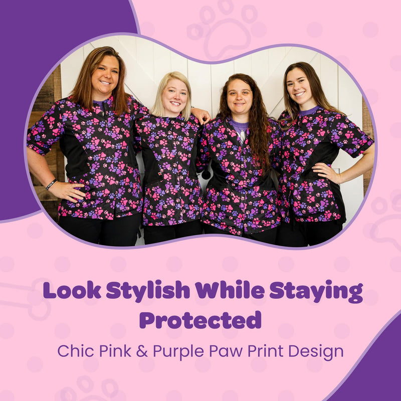 Ladybird Line 725 Pink Purple Paw Waterproof Grooming Smock, Hair Bleach Resistant, Solid Black Back, Adjustable Back Belt Medium - PawsPlanet Australia