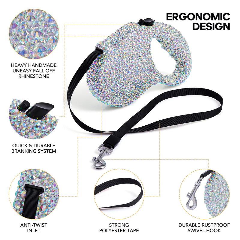 Sparkling Retractable Dog Leash,Rhinestone Pet Walking Leash for Small Medium Dog Cat,Bling Small Puppy leash,Durable 16 ft Strong Nylon Tape,360°Tangle-Free,One-Handed Brake, Pause, Lock - PawsPlanet Australia
