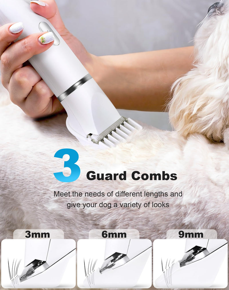 3 in 1 Small Dog Grooming Kit, 2 Speed Rechargeable Dog Hair Clippers with Guards, Low Noise Electric Dog Paw Trimmer & Nail Grinder, Cordless Pet Shaver for Cats and Small Dogs(White) White - PawsPlanet Australia