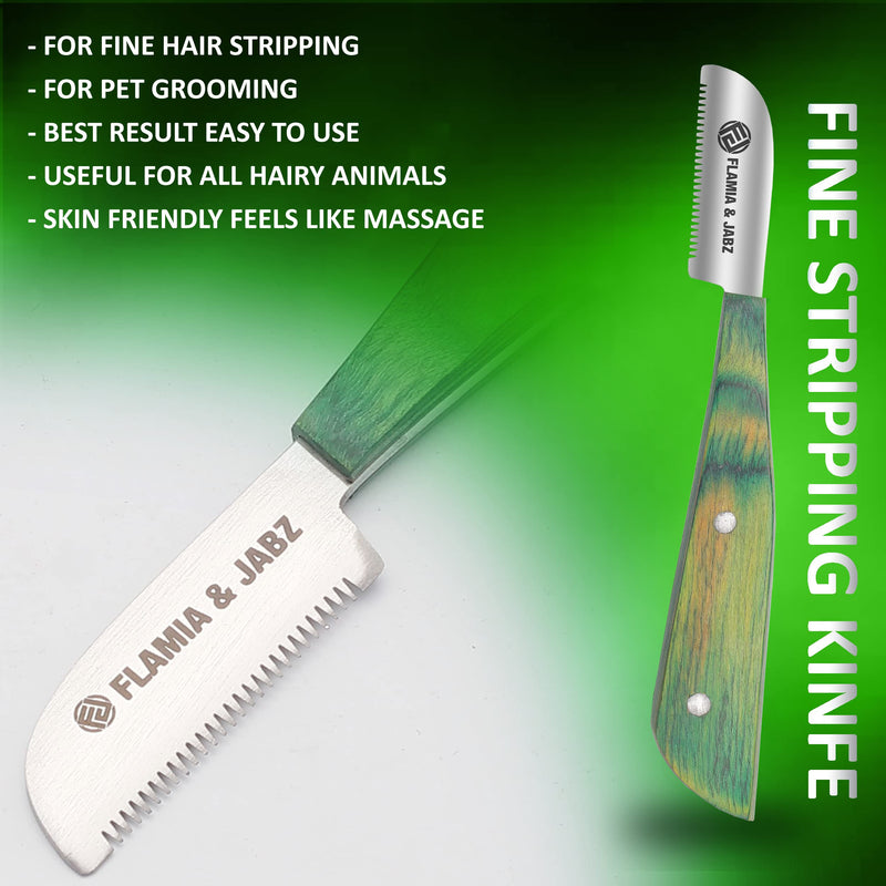 FLAMIA & JABZ Professional Stripping Knife kit (6 Pieces Set) for Dogs & Pets, Wooden Handle Grip with Stainless Steel Comb (Right Handed) (Green) Green - PawsPlanet Australia