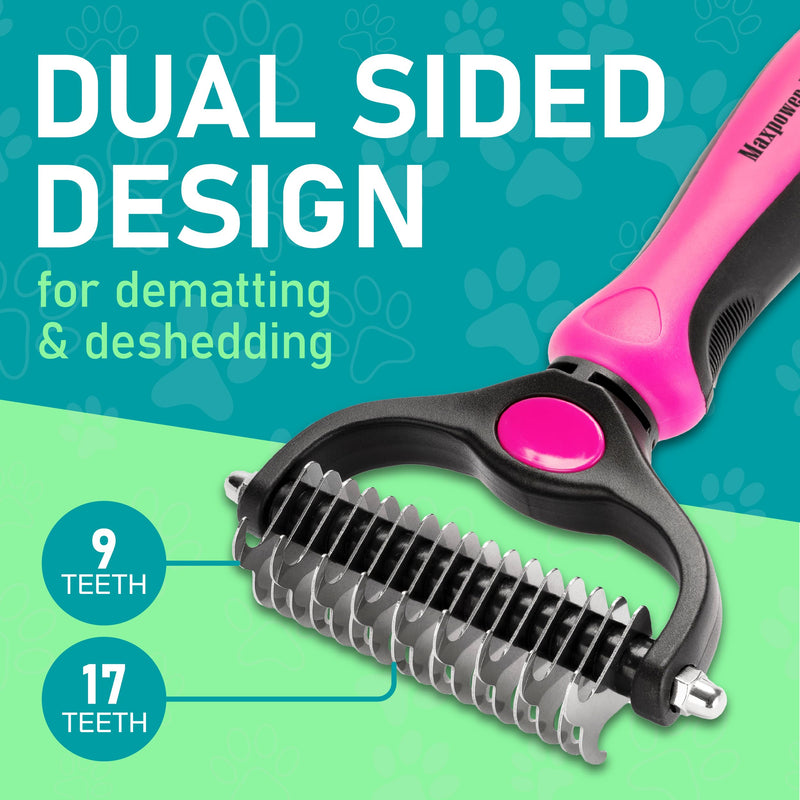 Maxpower Planet Hair Brush - Double Sided Shedding, Dematting Undercoat Rake for Dogs, Cats - Extra Wide Dog Grooming Brush, Pink Large - PawsPlanet Australia