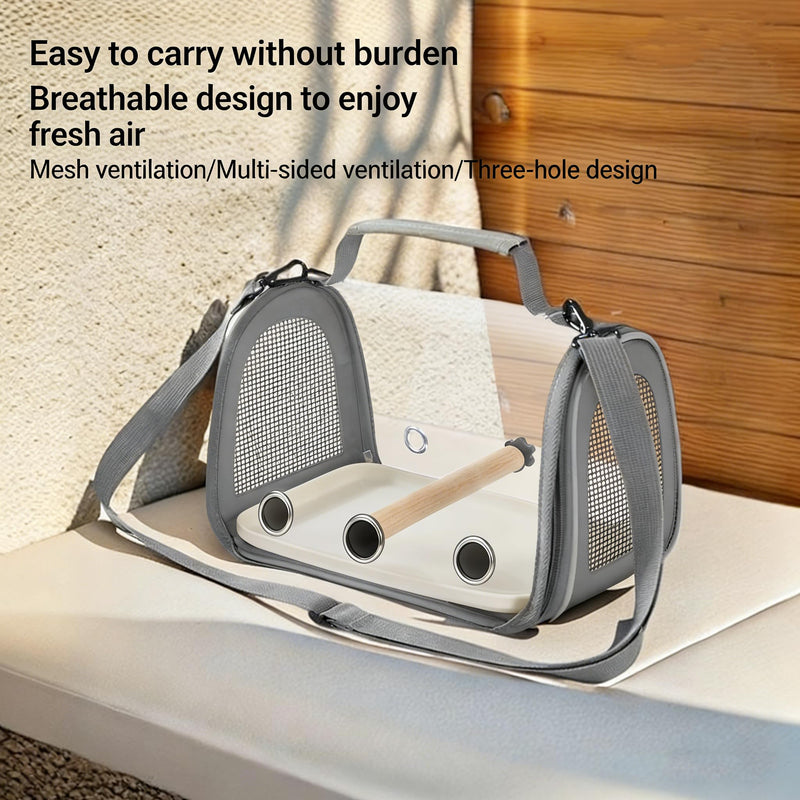 Portable Bird Travel Carrier with Breathable Mesh Windows Hands Free Parrot Backpack for Vet Visit Shopping Hiking, Clear View Small Pet Cage with Easy Clean Removable Tray and Perch Gray