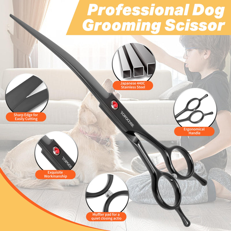 TOPGOOSE 7.5" Dog Grooming Scissor - Professional Down-curved Shear with Ergonomic Handle Japanese Stainless Steel Hair Scissor for Dogs, Cats and Other Pets, Sharp (Curved,Black) Black Curved Shear - PawsPlanet Australia