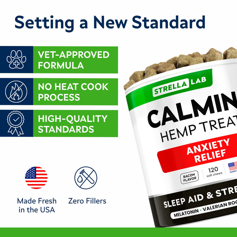 STRELLALAB Advanced Calming Hemp Chews for Dogs - Stress & Anxiety Relief - Behavior Aid - Natural Stress Relief During Firework, Storm, Barking - 120 Treats - Bacon 120 Ct (Smoky Bacon) (CALMING) Hemp Chews