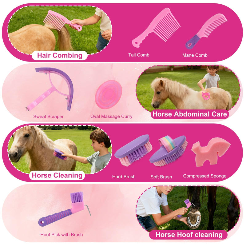 Horse Grooming Kit, Horse Brushes for Grooming Supplies Set with Organizer Bag, Horses Tack Brush Set for Effective Grooming and Cleaning, Gift for Horse Riders Beginners, Pink 9