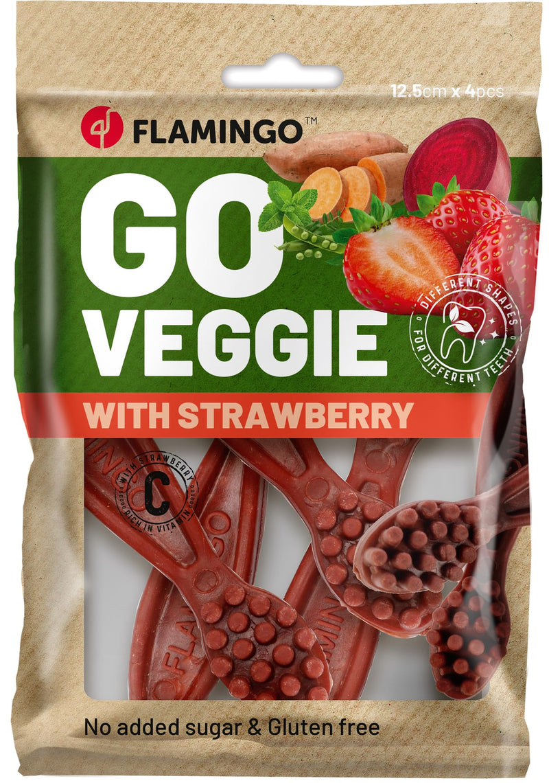 Flamingo Dog Treat - Veggie Toothbrush with Strawberry - 160g - Gluten Free - Low Calorie - Dental Care Snack