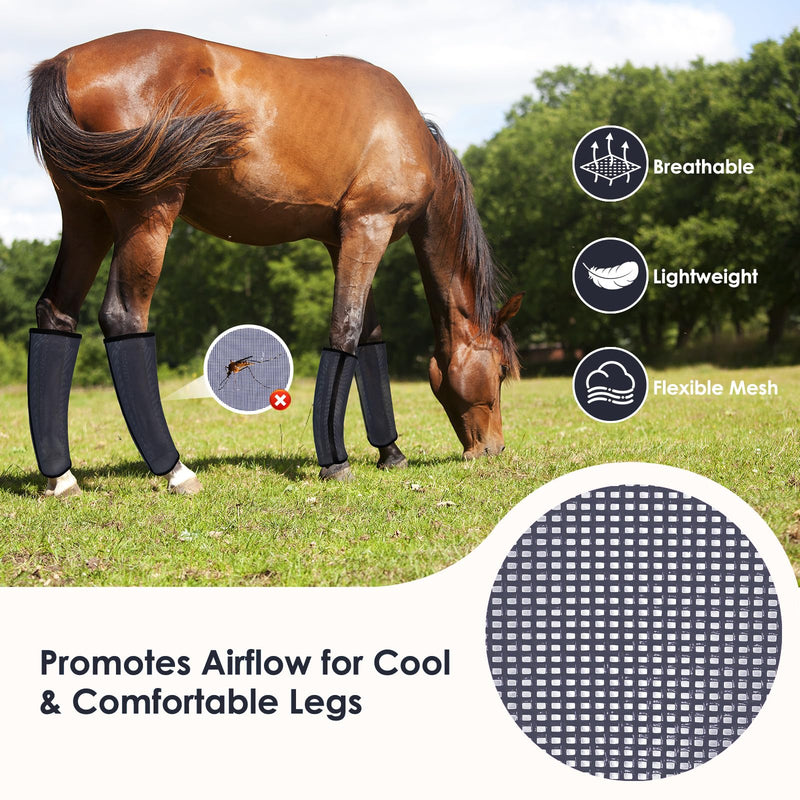 Fly Boots for Horses Set of 4 – Innovative Curved-Edge Design, Anti-Sag Stays, Breathable Mesh Leg Protection, Reduces Stomping & Fatigue, Comfort Fit for Medium to Large Horses - Dark Blue