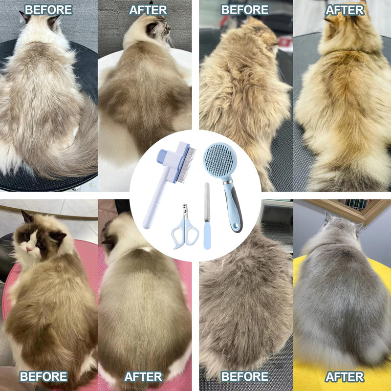 Cat Grooming Kit, 4-in-1 Cat Grooming Tools with Cats Brush, Flea Comb, Nail Clipper & Trimmer - Deshedding & Dematting for Pets Hair and Paws, Pet Shedding Set for Indoor Dogs & Cats (Blue) Blue - PawsPlanet Australia