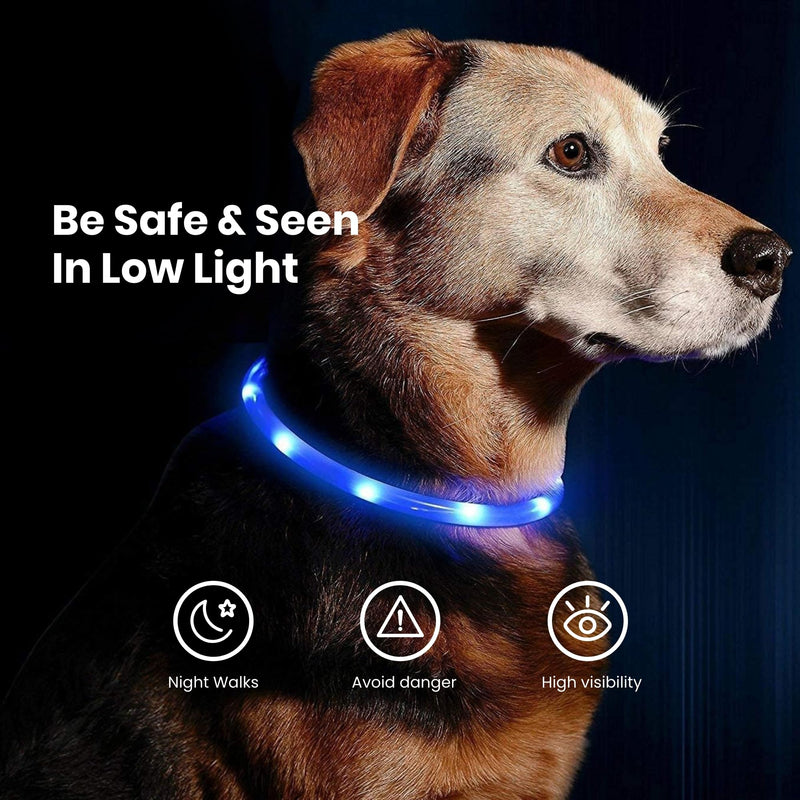 PetSol Light Up Dog Collar Blue - Extra Bright LED Collar - USB Rechargeable - Cut to Fit (20cm to 70cm) with Static or Flashing Mode - Weatherproof, Easy Clean, High Visibility & Full Guarantee - PawsPlanet Australia