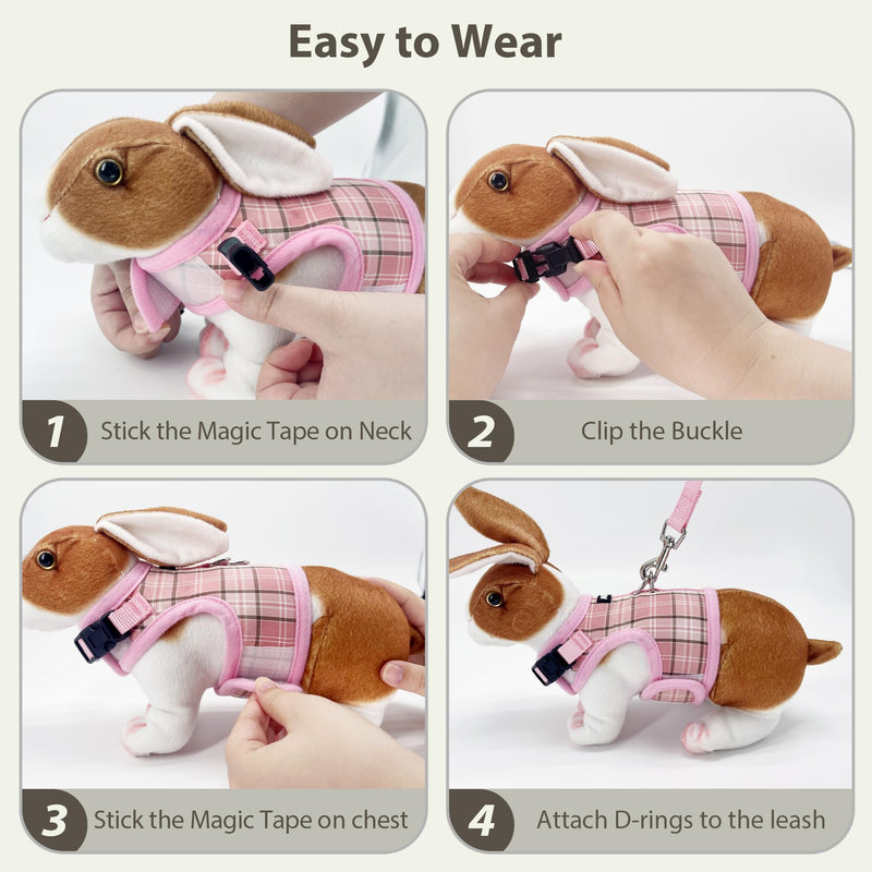 AIITLE Breathable Rabbit Harness and Leash Set - Plaid Pattern Padded Vest with Magic Tape Design, Dual D-Rings, Adjustable for Small Animal Pets, Indoor Outdoor Training Camping, Pink M - PawsPlanet Australia