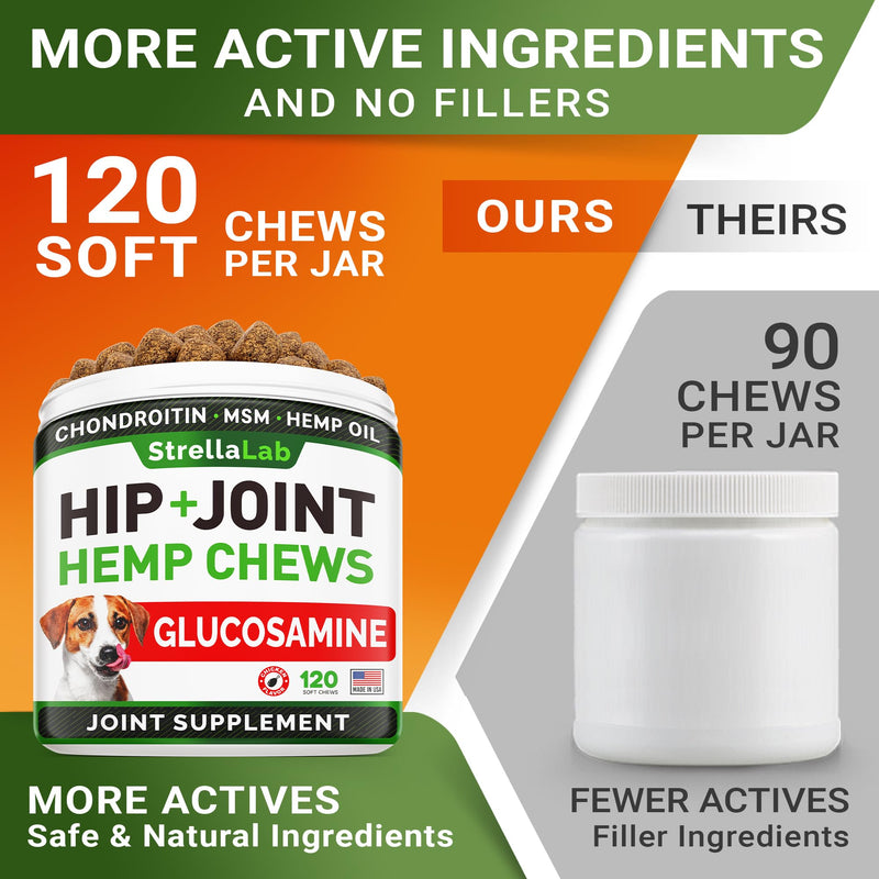 Hemp Treats - Glucosamine Dog Joint Supplement + Omega 3 - w/Hemp Oil - Chondroitin, MSM - Advanced Mobility Chews - Joint Pain Relief - Hip & Joint Care - Chicken Flavor - 120 Ct - Made in USA 120Ct (Chicken) (HIP&JOINT) Hemp Chews