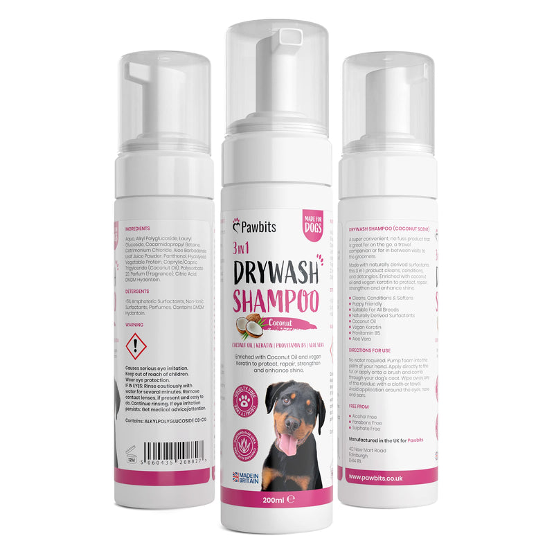 Pawbits Drywash Shampoo for Dogs - Puppy Friendly 3-in-1 Dry Shampoo to Clean, Condition & Detangle – No Water Required (Coconut - 200ml) Coconut - 200ML - PawsPlanet Australia