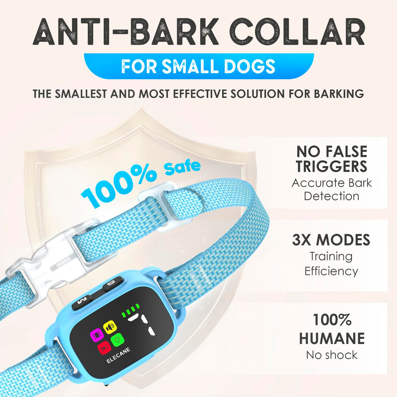 Tiny Bark Collar for Small Dogs 5-15 lbs and Puppies - No Shock Anti Barking Collar - Rechargeable Smart Collar for Dog Training with 7 Sensitivity Levels and 3 Beep&Vibration Modes (Pure Blue) Pure Blue