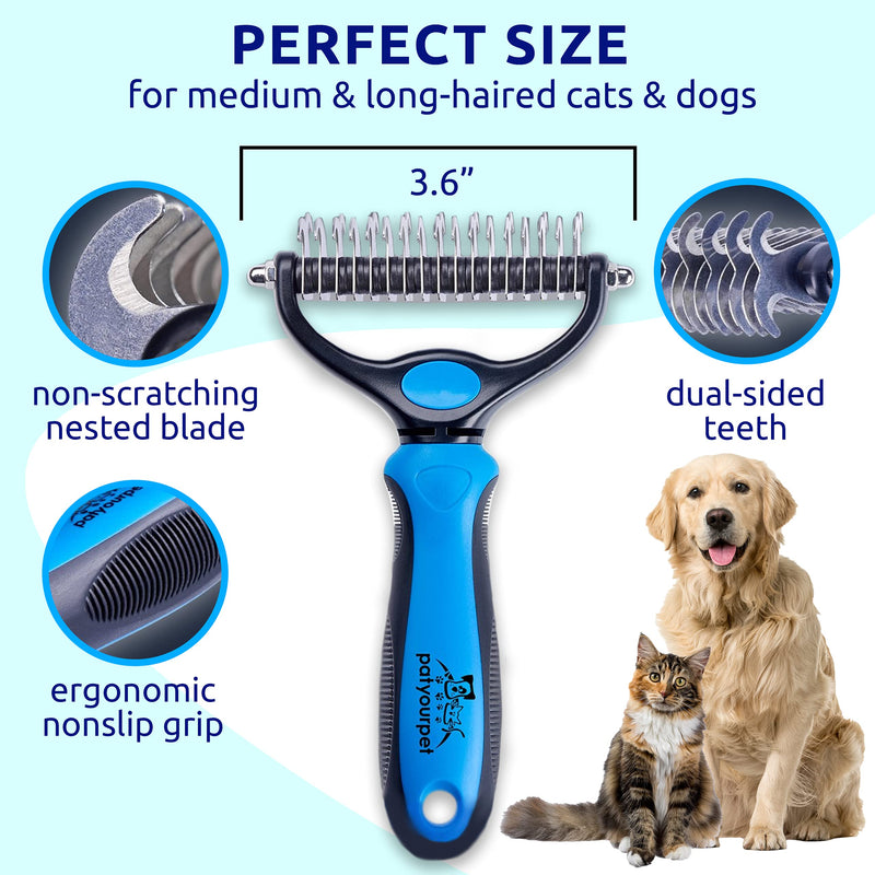 Pat Your Pet Deshedding Brush - Double-Sided Undercoat Rake for Dogs & Cats - Shedding Comb and Dematting Tool for Grooming, Extra Wide Blue