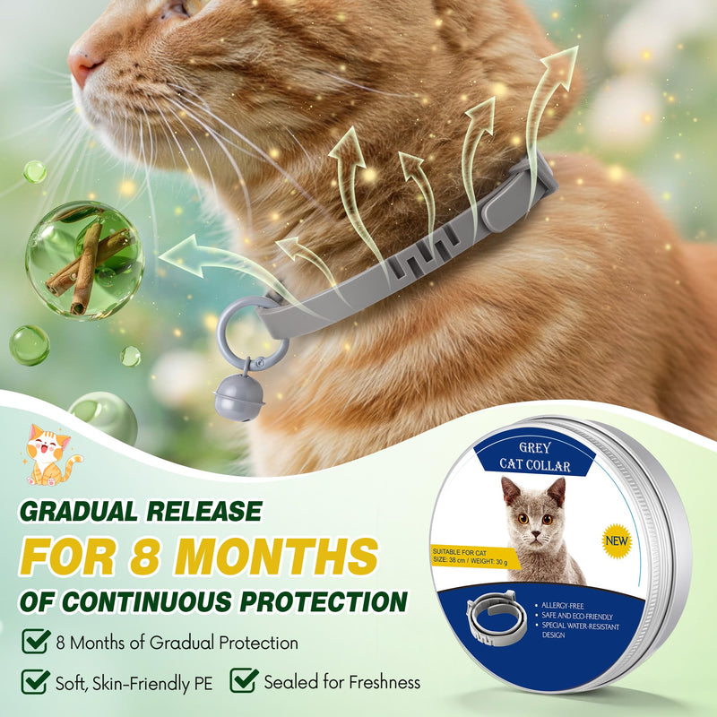 Plant Based Flea and Tick Collar for Cats and Kittens, Long Lasting Flea Prevention, Essential Oil Cat Collar, Adjustable Lightweight Design with Bell(2 Packs,Grey) 2 Grey