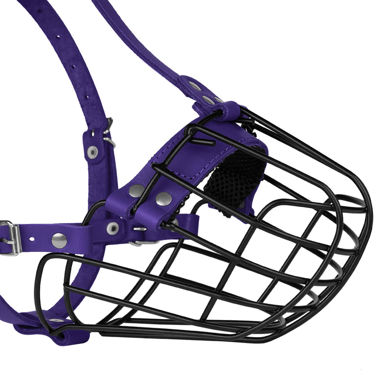 Pitbull Dog Muzzle Breathable Metal Basket for Large Dogs Amstaff Staffordshire Terrier Secure Wire Mask Adjustable Durable Leather Straps Biting Chewing Barking (Purple) Purple - PawsPlanet Australia