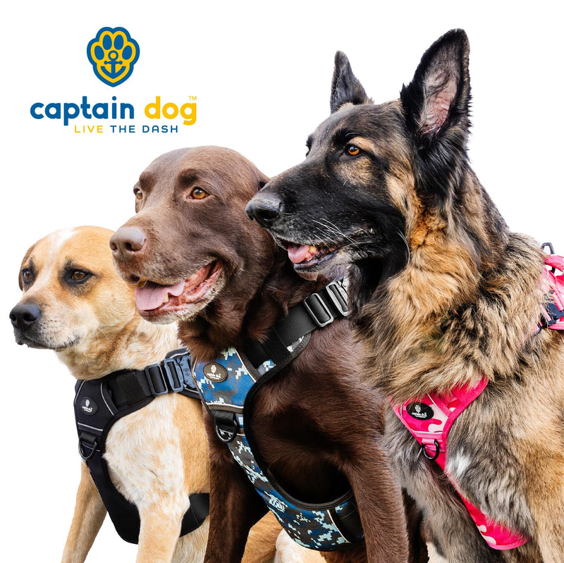 Pink No Pull Harness Vest for Medium Sized Dog with 4 Metal Buckles & Double Stitching CAPTAIN DOG - Reflective Pink Camo, Heavy Duty Girly Dog Harness, Tactical Harness with Poop Bag Holder. - PawsPlanet Australia