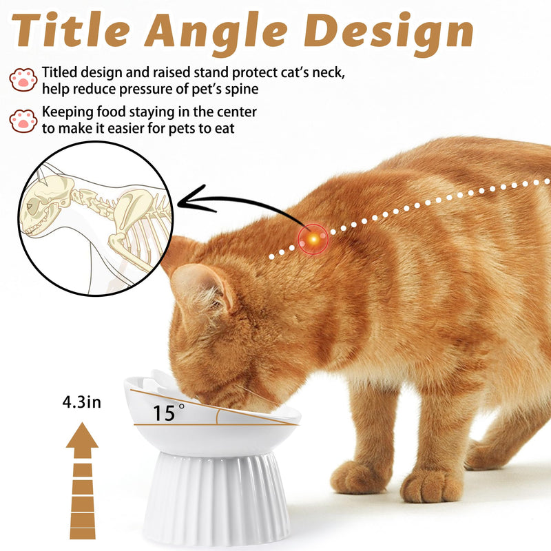 Ceramic Raised Cat Bowl，Tilted Raised Cat Bowl Anti Vomit Cat Bowls for Indoor Cats Whisker Friendly Pet Feeder for Cats Puppies, Microwave and Dishwasher Safe White