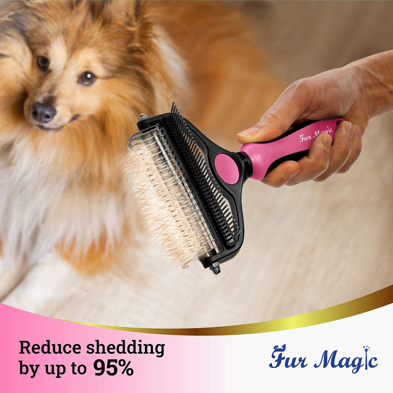 Fur Magic Deshedding and Dematting Comb Double Sided Undercoat Rake Pet Grooming Brush Removing Mats, Knots & Tangles for Dogs and Cats with Long and Medium Hair, Pink L - PawsPlanet Australia