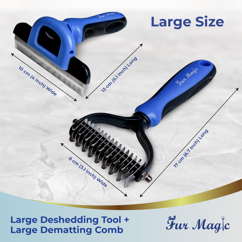 Fur Magic Deshedding Tool & Dematting Comb – Grooming Brushes for Dogs, Cats, Horses – Reduce Shedding and Remove Knots, Mats and Loose Undercoat, Large Size Large Bundle