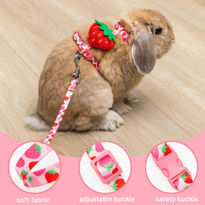 Rabbit Harness and Leash - Adjustable Bunny Harness Escape Proof for Walking Running Hiking Camping Outdoor - Pink Strawberry Pattern Cute Small Animal Harness Leash Set Neck 6.3"-9.8", Chest 7.8"-13.7" - PawsPlanet Australia