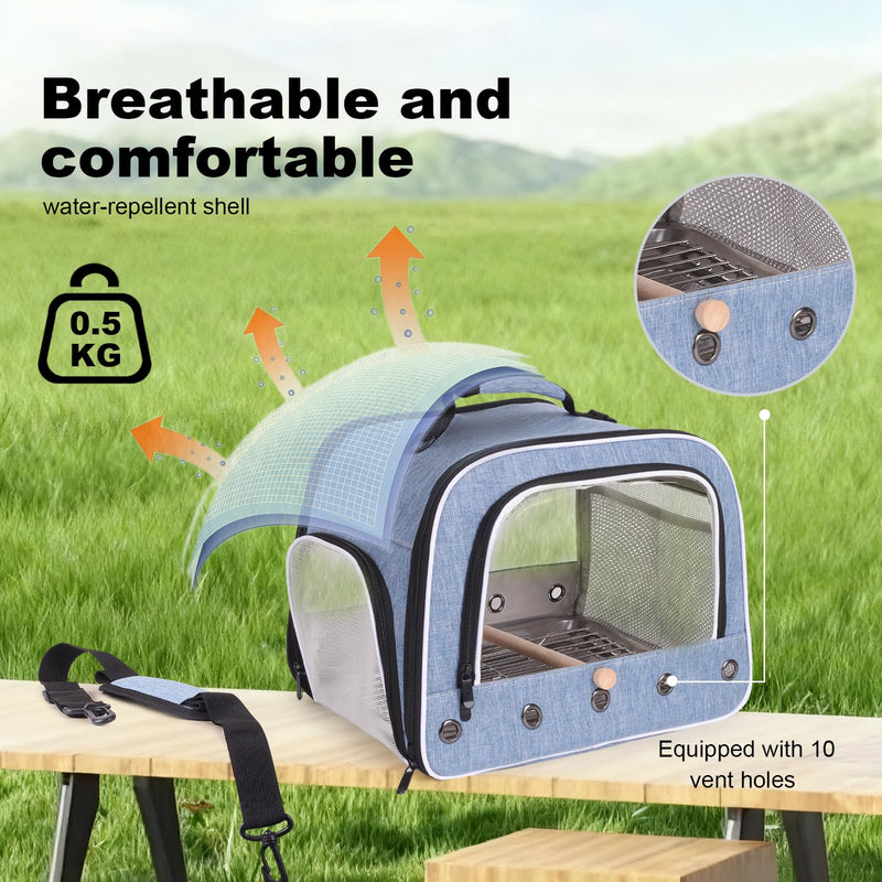 halinfer Bird Travel Carrier Cage for Large Size Parrot, Portable Bag with Metal Tray and Grate to Carry and Transport Medium and Large Birds Like African Grey, Long Tail Cockatiel and Parrot Blue Large Carrier - PawsPlanet Australia