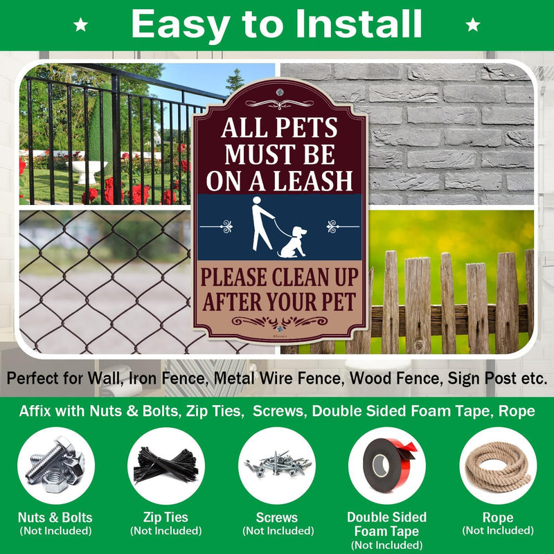 All Pets Must Be On A Leash Please Clean Up After Your Pet Signs No Dog Poop Pee 12" x 18" Metal Rust Aluminum Waterproof Easy Mounting Outdoor Use 2 Pack