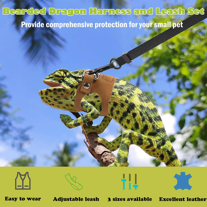KABASI Bearded Dragon Harness Leash Set, 3 Size Adjustable Lizards Training Walking Leather Vest Escape-Proof Traction Rope for Squirrel and Other Outdoor Small Reptiles (Brown) Brown - PawsPlanet Australia