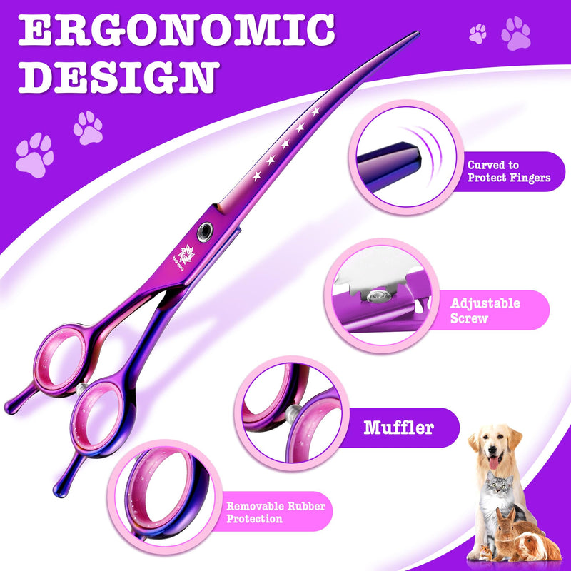Dream Reach 7" Dog Grooming Scissors Kit, Professional 6 in 1 Dog Scissors Sharp and Durable Shears Set Thinning, Chunker, Straight, Curved Shears and Comb for Pet, Purple