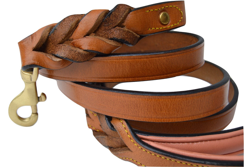 Leather Braided Dog Leash, Tan and Coral, 6 Feet x 3/4 Inch Wide, Genuine Real Leather - PawsPlanet Australia