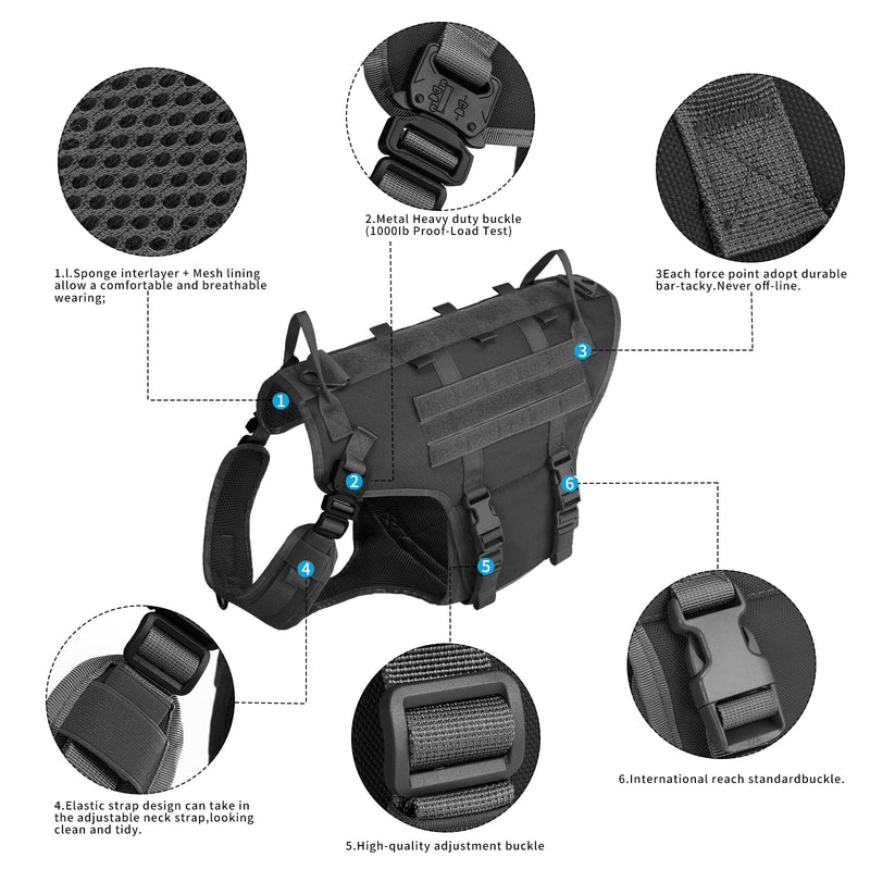 Tactical Dog Vest Harness and Training Dog Collar with Bungee Dog Leash Set No Pull Military Dog Harness with 2 Detachable and 1 Water Bottle Pouches for Outdoor Training Service, Black L - PawsPlanet Australia