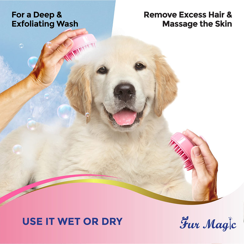 Fur Magic Dog Bath Brush, Therapeutic Pet Grooming Brush for Shampoo and Massage, Soft Silicone Washing Comb, Removes Loose Undercoat, Mats and Knots, Pink