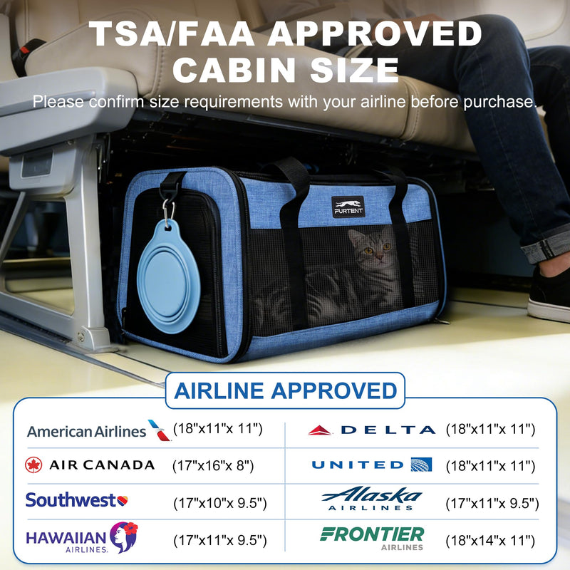 TSA Approved Pet Carrier for Kitten and Puppy, Cat Carrier Soft Fits Pets up to 13 lbs, Dogs Travel Bag with Bowl Foldable, Ideal for Travel, Car Rides, and Vet Visits (Blue, Cat Bowl Set) Blue - PawsPlanet Australia