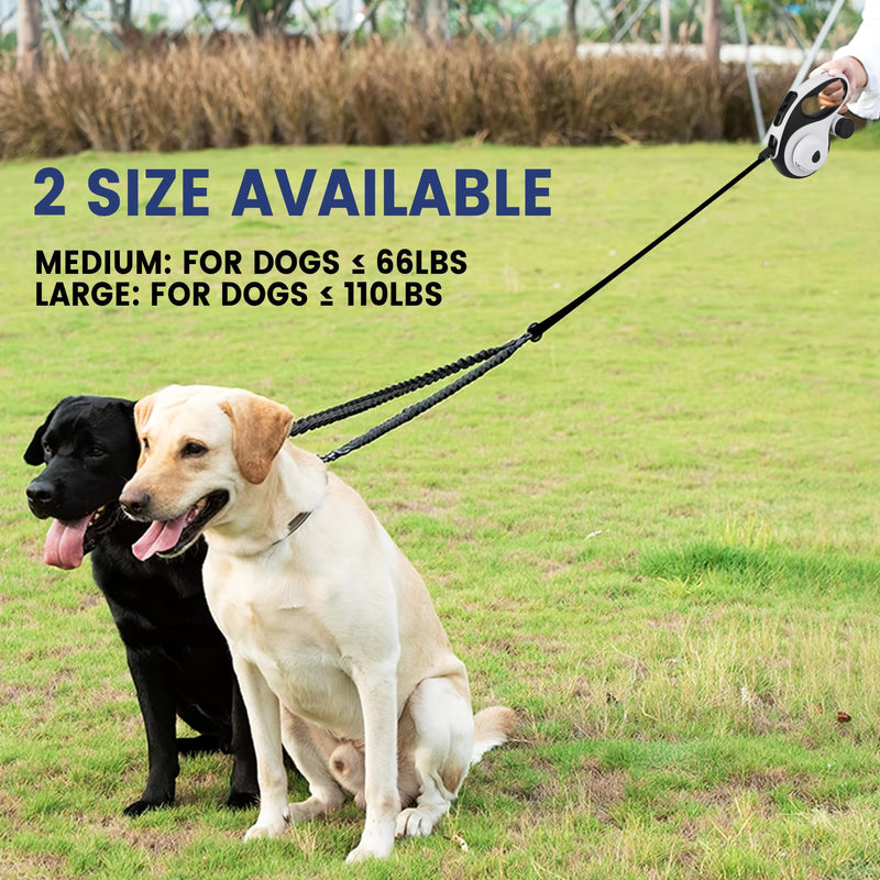 Dual Retractable Dog Leash for 2 Large Dogs (Up to 110LBS Each) - Double Headed Pet Leash with Poop Bags and LED Light, One Button Brake & Lock, 360 Tangle-Free (WHITE, LARGE) WHITE - PawsPlanet Australia