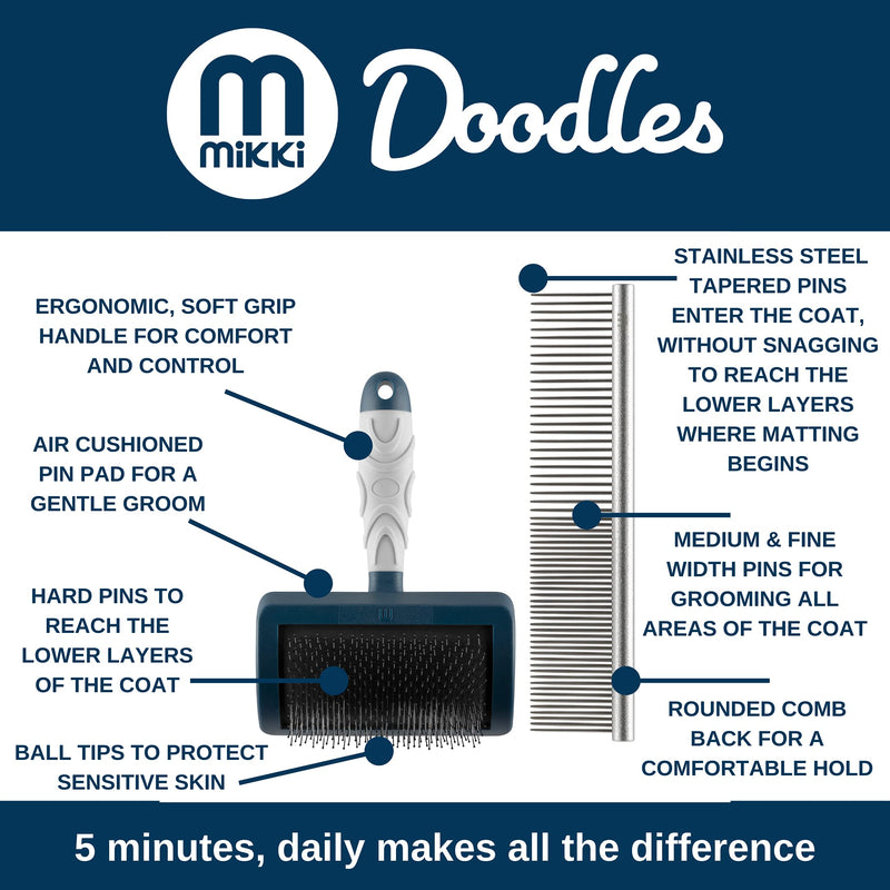 Mikki Dog Puppy Stainless Steel Comb and Hard Pin Slicker Brush, for Cockapoos, Labradoodles, Cavapoos and Golden Doodles - Starter Set 2pcs, Blue, Grey,Small Grooming Kit - PawsPlanet Australia