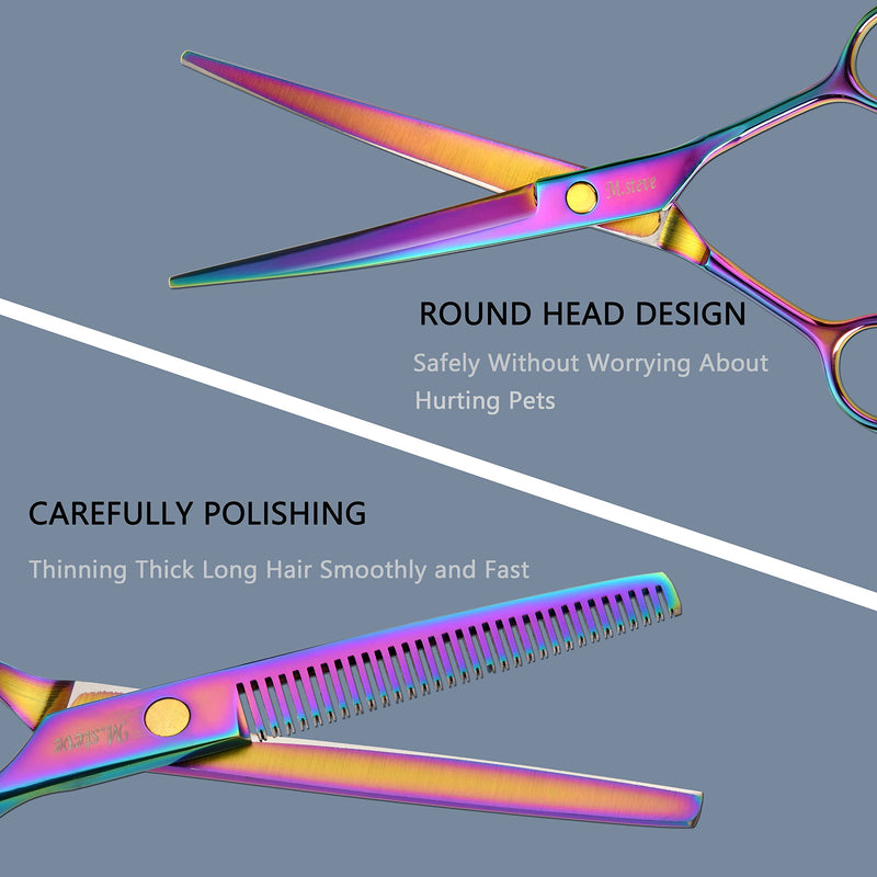 Dog Scissors for Grooming with Safety Blunt Tip, Dog Grooming Scissors Set for Pets, Professional 7 in 1 Grooming Scissors for Dogs and Cats - 6CR Coated Steel (Rainbow) Rainbow - PawsPlanet Australia