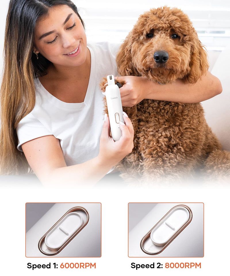 Loomla Dog Nail Grinder Upgraded - Professional 2 Speed Dog Nail Trimmers with Low Noise, USB Rechargeable Pet Nail Grinder, Paws Grooming and Smoothing for Dogs, Cats and Small Animals, White 7.48x3.03x2.32 inch - PawsPlanet Australia