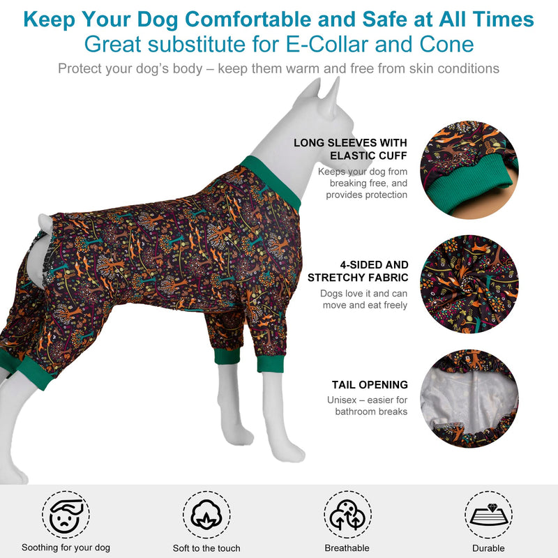 LovinPet Large Dog Pajamas Pitbull - Comfy Lightweight Stretchy Fabric, Norwegian Woods Print, Surgery Recovery Outfit for Dogs, Easy to Wear Adorable Dog Clothes, Pitbull Clothes, Black Green L