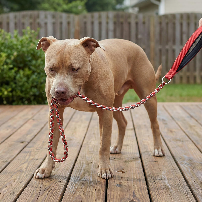 Chew Proof Metal Dog Leash with Built-in P-Chain Collar - 2FT/4FT for Small/Medium/Large Dogs (30-150lb), Anti-Bite Chain Link with Soft Padded Handle, 360° Rotating Clasp Red 4FT/ 120CM - PawsPlanet Australia