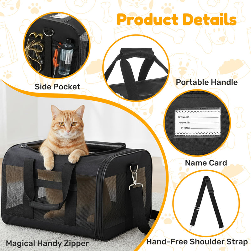 Simple Deluxe Airline-Approved Cat Carrier, 17" x 12" x 12", Soft-Sided Pet Carrier for Cats, Small Dogs, Kittens & Puppies up to 17 lbs, Durable & Collapsible Travel Carrier, Black Black-NEW