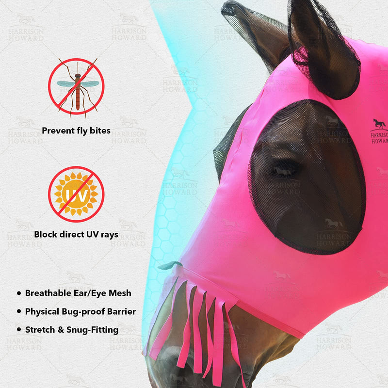 Harrison Howard Superior Comfort Breathable Fly Masks Soft on Skin with Tassels Natural Nose Swatter Full Size (Large) Tassel Fringe-Rose Pink - PawsPlanet Australia