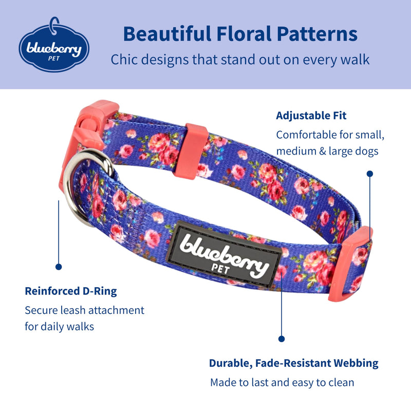 Blueberry Pet Dog Collar Rose Print, Adjustable Medium Dog Collars for Medium Dogs, Large & Small Dogs, Puppy Collar, Pink Dog Collar for Girls, Eco-Friendly, 14.5-20 in Neck Irish Blue - PawsPlanet Australia