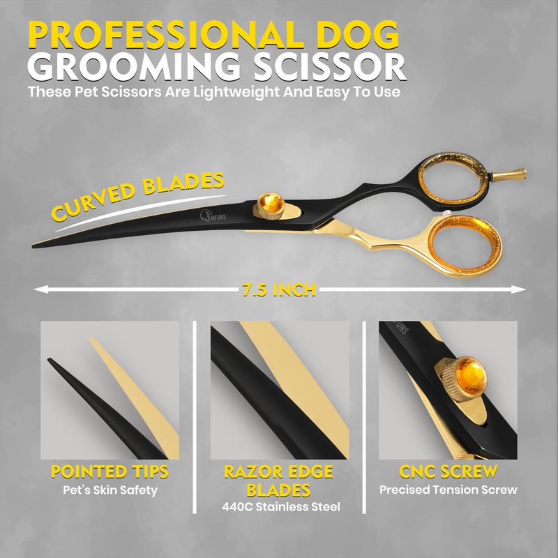 7.5 Inch Curved Grooming Scissors for Dogs and Cats – Professional Pet Grooming Shears for Face, Paws, Body and Tail – Sharp, Smooth, Ergonomic Curved Blades for Salon Groomers and Home Use Golden Black Curved Straight - PawsPlanet Australia