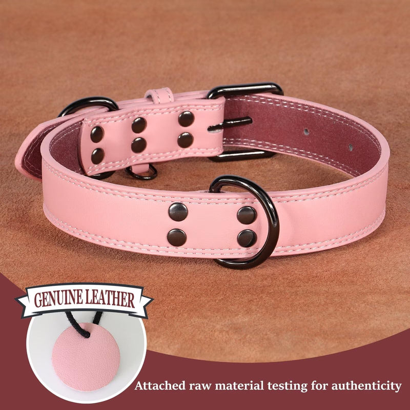 Didog Genuine Leather Dog Collar for Large Dogs, Durable and Soft Pink Dog Collars with Double D Rings and Metal Buckle,Pink,XL XL:Neck 17-21",Width 1¼"