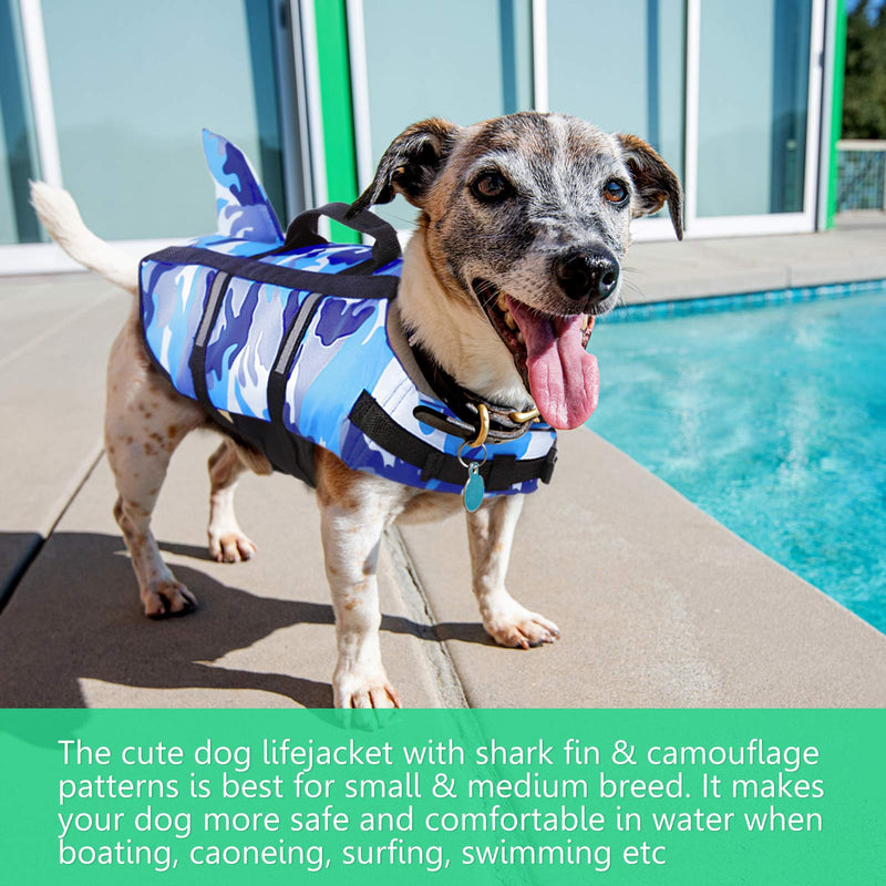 Queenmore Dog Life Jacket Pet Safety Vest High Buoyancy Camouflage Color Cute Shark with Strong Rescue Handle and Leash Ring for Boating, Canoeing, Surfing, Hunting X-Small Blue Camo