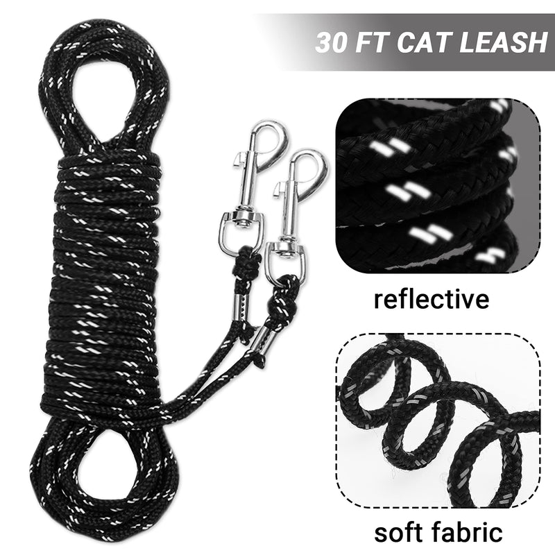 Cat Leash - 15 ft / 30 ft Reflective Long Cat Leash Outdoor for Walking Training Playing - Escape Proof Yard Lead Pet Leash Also for Cats, Small Dogs, Puppy, Kitten, Rabbit Black - PawsPlanet Australia