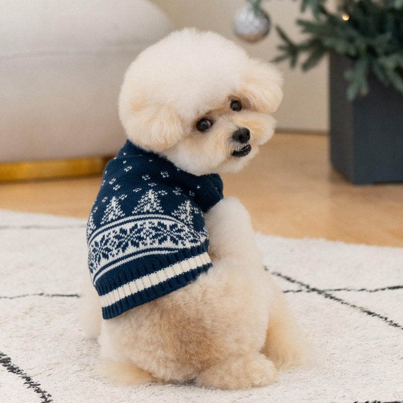 Puppia Nevis Winter Turtleneck Knit Shirts Snow Forest Pattern for Small and Medium Dogs, Navy, Large - PawsPlanet Australia