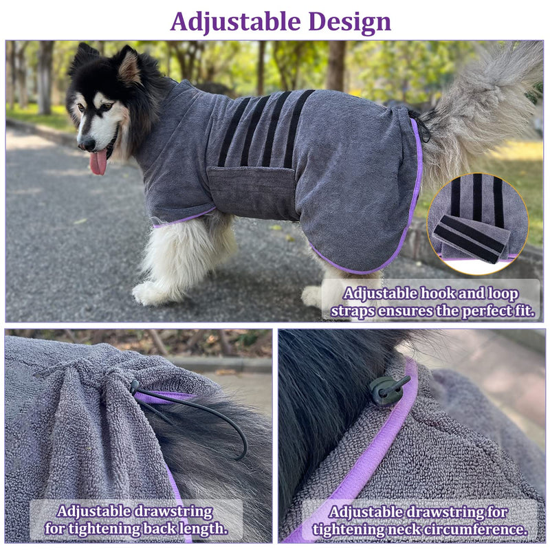 Dog Drying Coat Bathrobe Towel,Microfibre Material Fast Drying Super Absorbent Dog Bath Robe, Pet Quick Drying Moisture Absorbing with Adjustable Collar and Waist XXX-Large Grey - PawsPlanet Australia