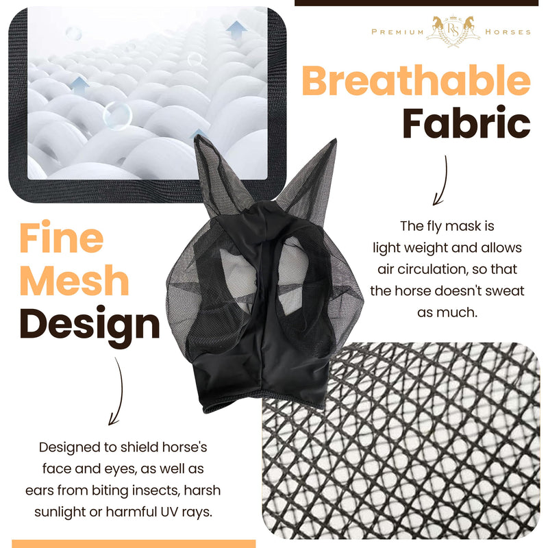 Soft Nylon Micromesh Horse Fly Mask | Fly Masks for Horses with Ears | Horse Fly Mask with Ears | Protection from Sun’s UV Rays | Comfortable Fly mesh mask with Breathable & Stretchy (Black Medium) Black - PawsPlanet Australia